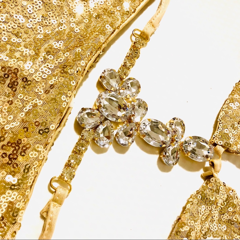 NWT competition bikini gold Sequin Rhinestone crystal gorgeous sexy bikini FIRM - Picture 3 of 10